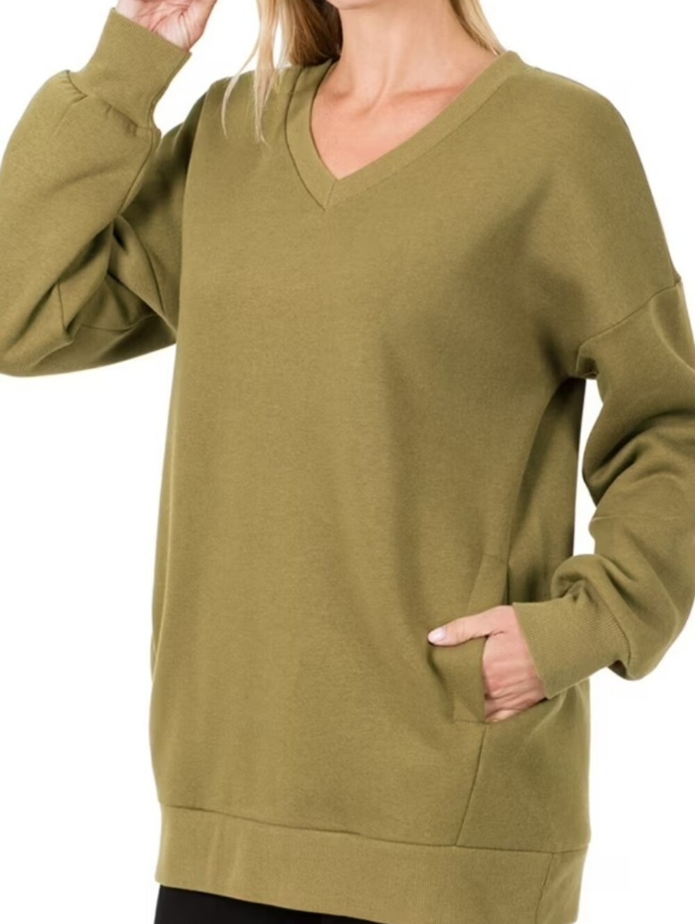 Zenana Long Sleeve V Neck Sweatshirt - Olive Green